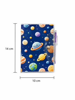 Mini Caderno Brochura com Capa Plástica – Estampa Espaço + Caneta