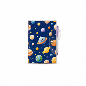 Mini Caderno Brochura com Capa Plástica – Estampa Espaço + Caneta