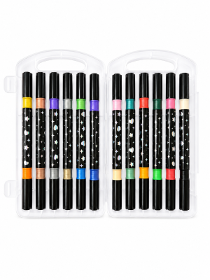 Canetas Glitter Ponta Dupla – Estojo com 12 Canetas (24 Cores)